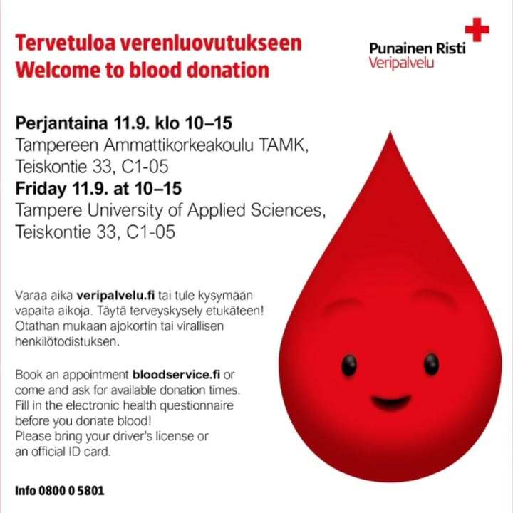 Tule mukaan pelastamaan henkiä! Tamko ja SPR järjestävät verenluovutustilaisuuden TAMKin&hellip;