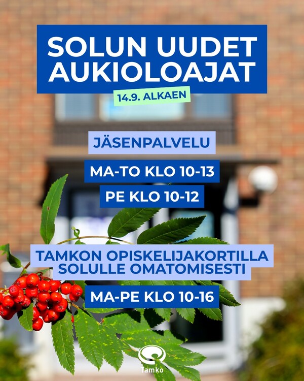 Ensi viikosta alkaen Tamkon jäsenpalvelutiskin aukioloajoissa tapahtuu muutoksia.🌿 Tiskin ollessa&hellip;